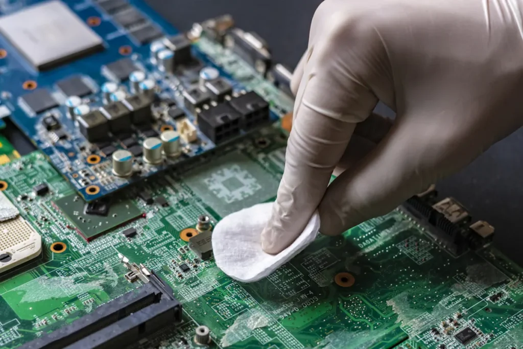 Une personne qui nettoie un circuit imprimé