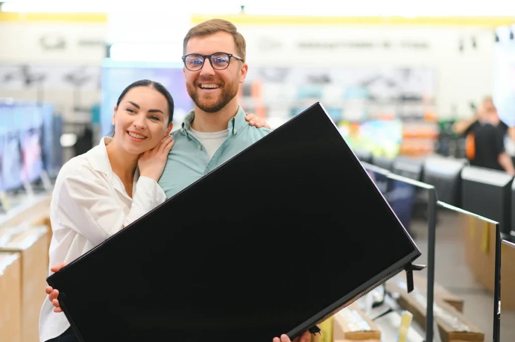 Un couple qui tient un TV TCL dans leur main