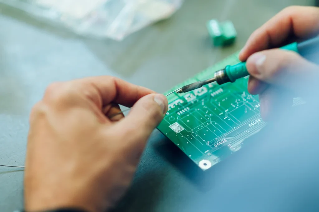 Une personne qui répare un circuit imprimé